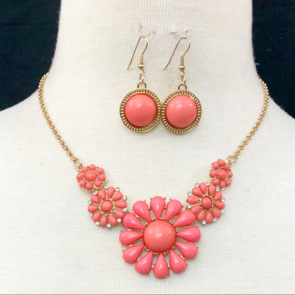 Coral Color Pink Flowers Statement Necklace Earring Set
